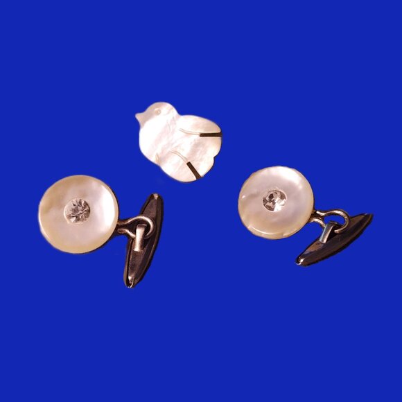 Vintage Mother of Pearl Cuff Link Set w/Rhinestone Insets & Carved Dove Button - Picture 1 of 9